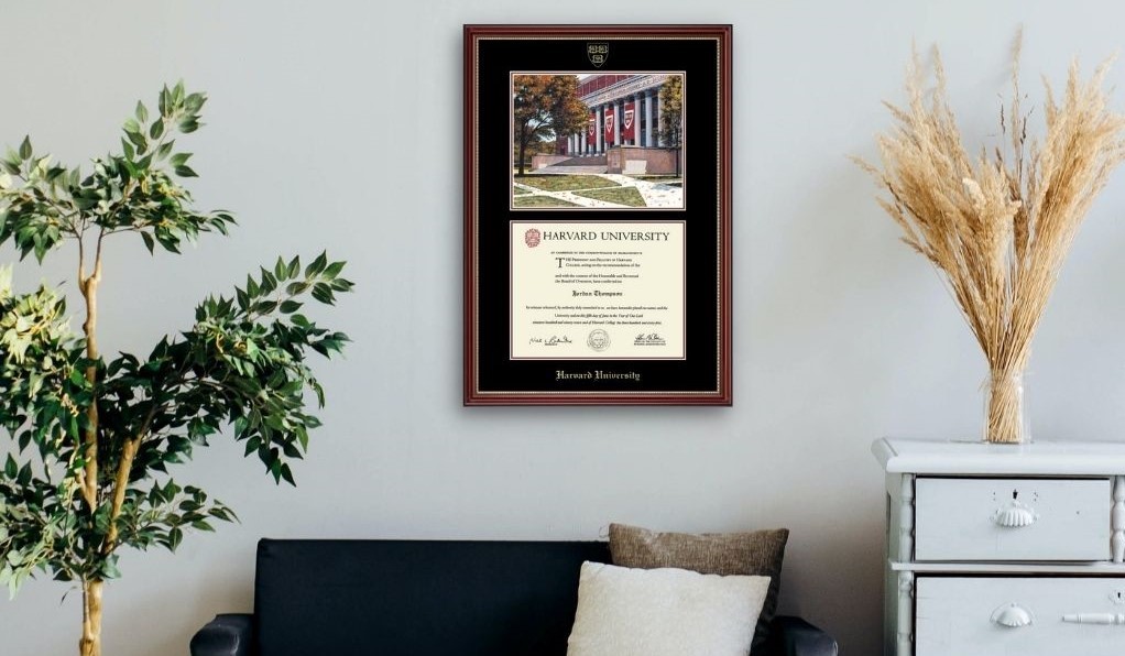 Harvard diploma photo frame in living room