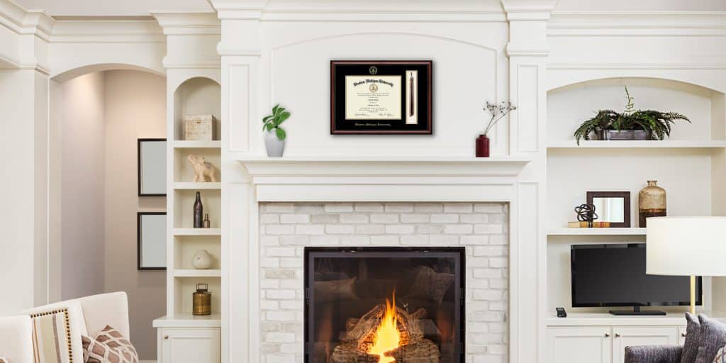 tassel diploma frame over fireplace