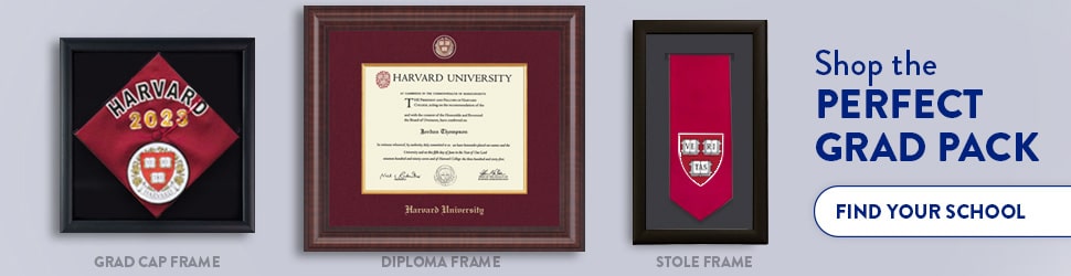 Harvard grad cap diploma and stole frames on wall