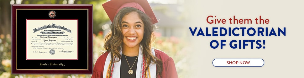 smiling college grad near diploma frame banner