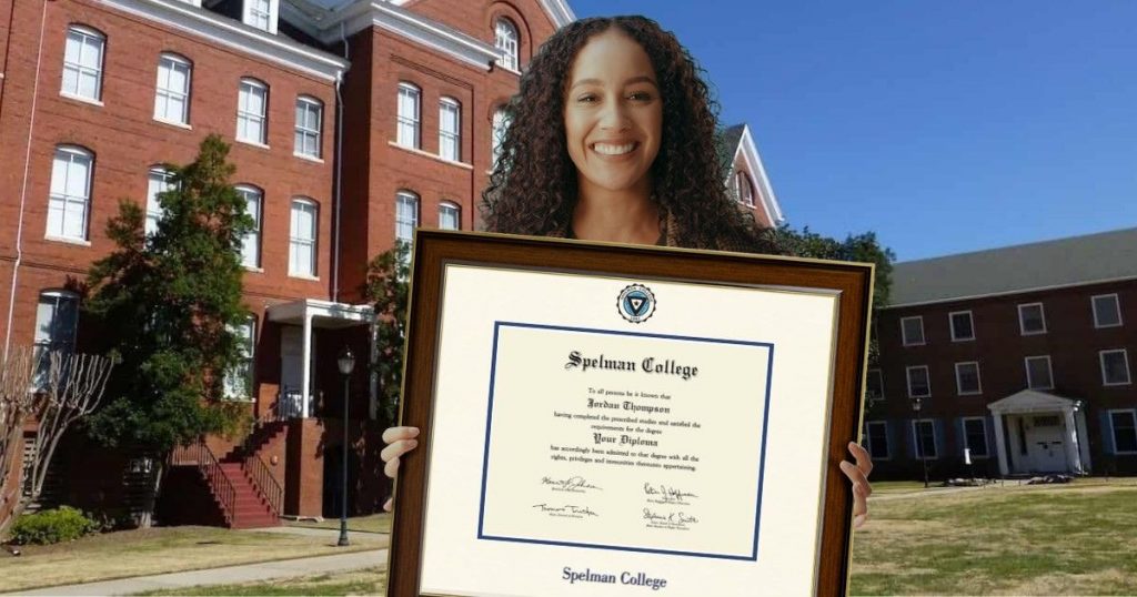 smiling student holding spelman diploma frame on campus