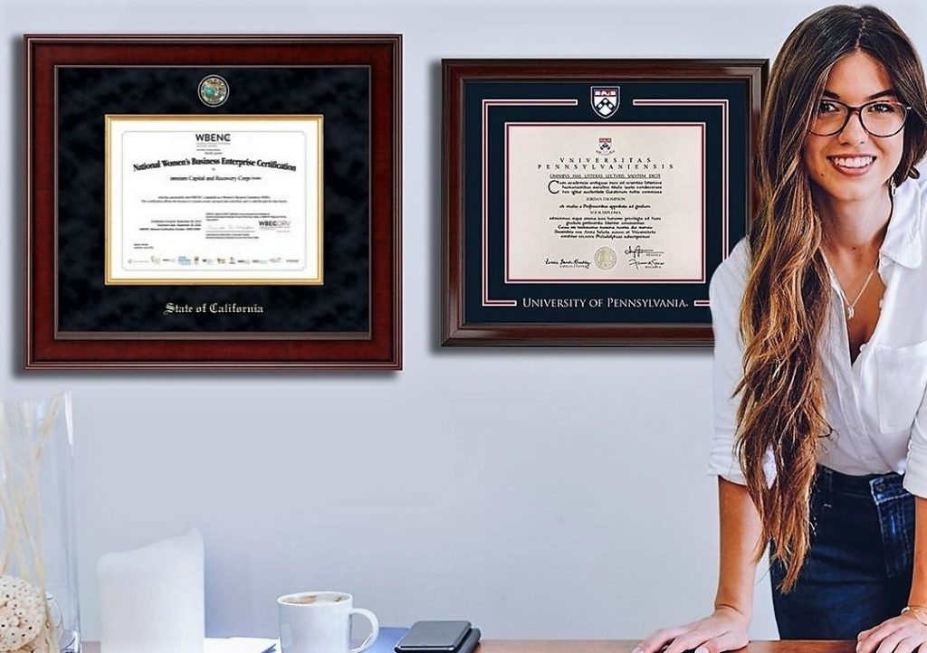 woman in office with UPENN diploma frame and state of california frame on wall