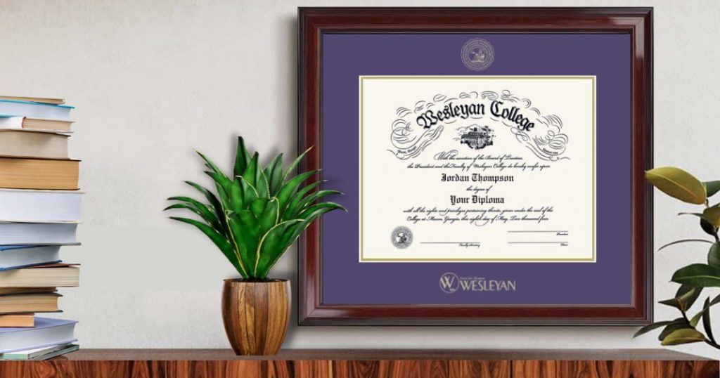 purple wesleyan college diploma frame above shelf