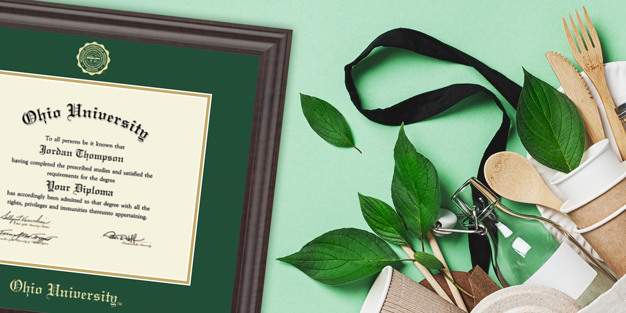 Ohio University frame with bag of sustainable products