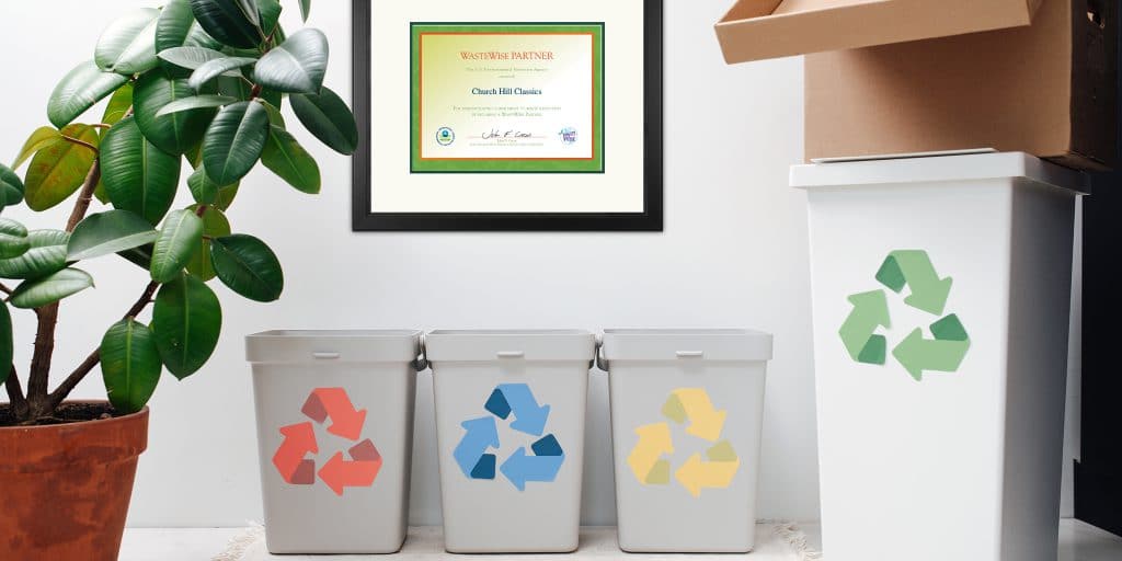 workplace recycle bins and framed wastewise certificate