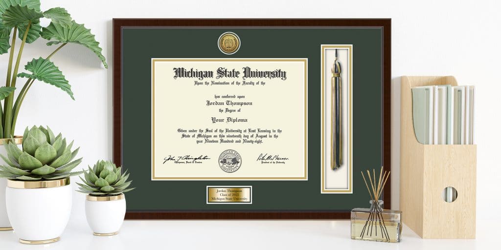 michigan state university tassel frame hung in home