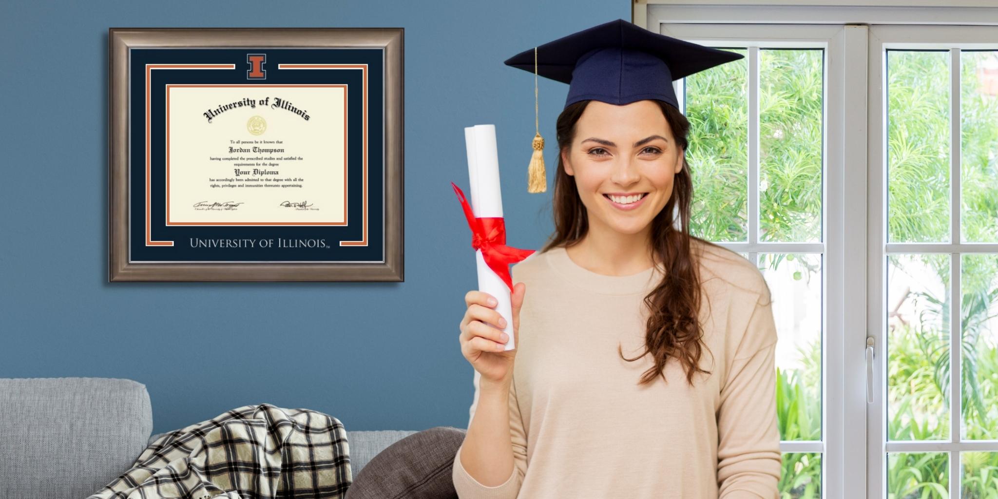 girl holding diploma next to illinois u frame