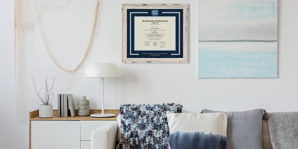UNC diploma frame in beach cottage