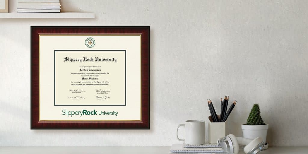 Slippery Rock University diploma frame in modern office