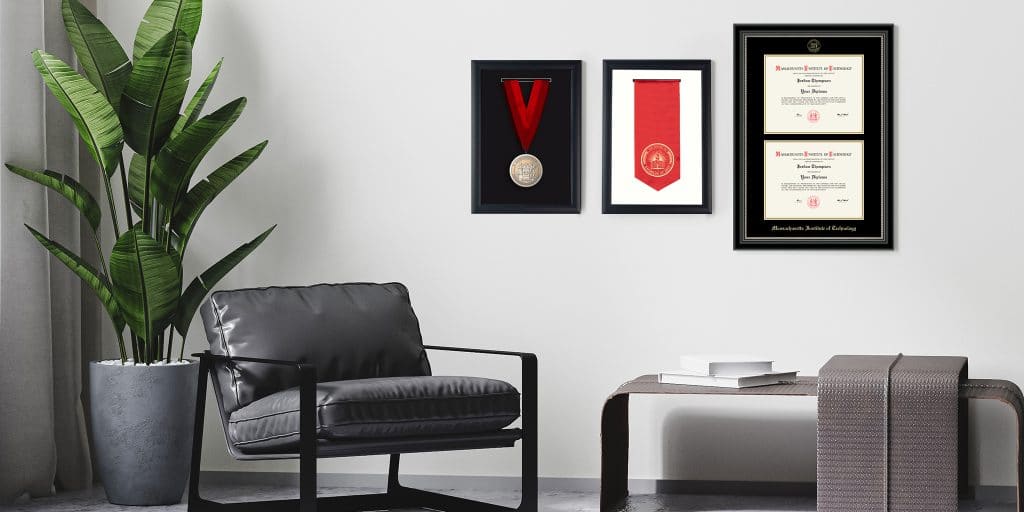 office featuring MIT diploma frame, stole, and medallion frames