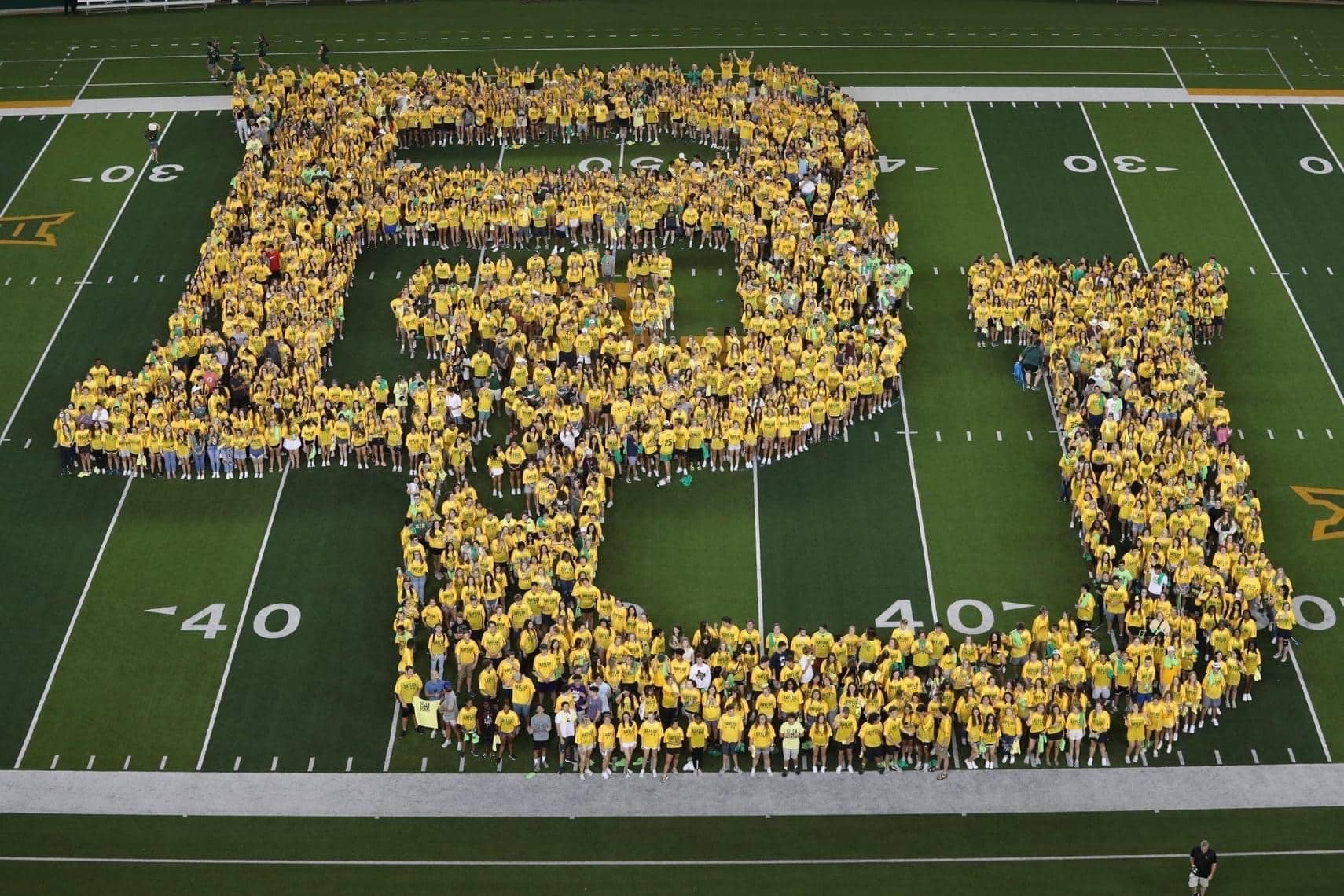 Baylor students forming BU on football field