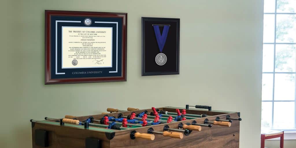 game room featuring columbia diploma frame and medallion shadow box frame