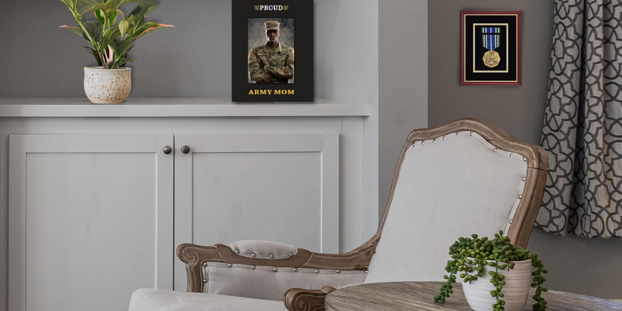army mom photo frame and medal frame in living room