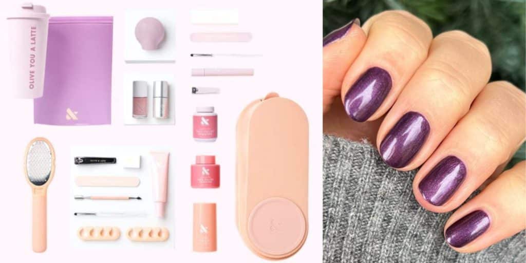 mani pedi kit and closeup of purple manicure
