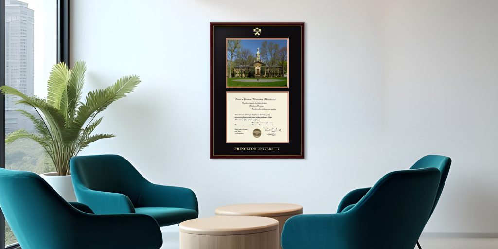 waiting room with custom campus scene diploma frame on the wall above chairs