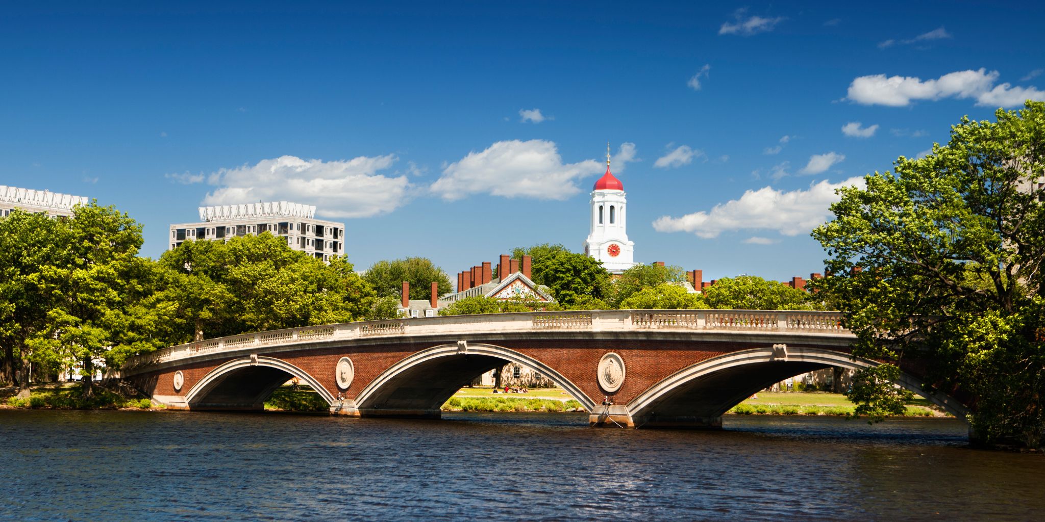 view of harvard university across river and bridge