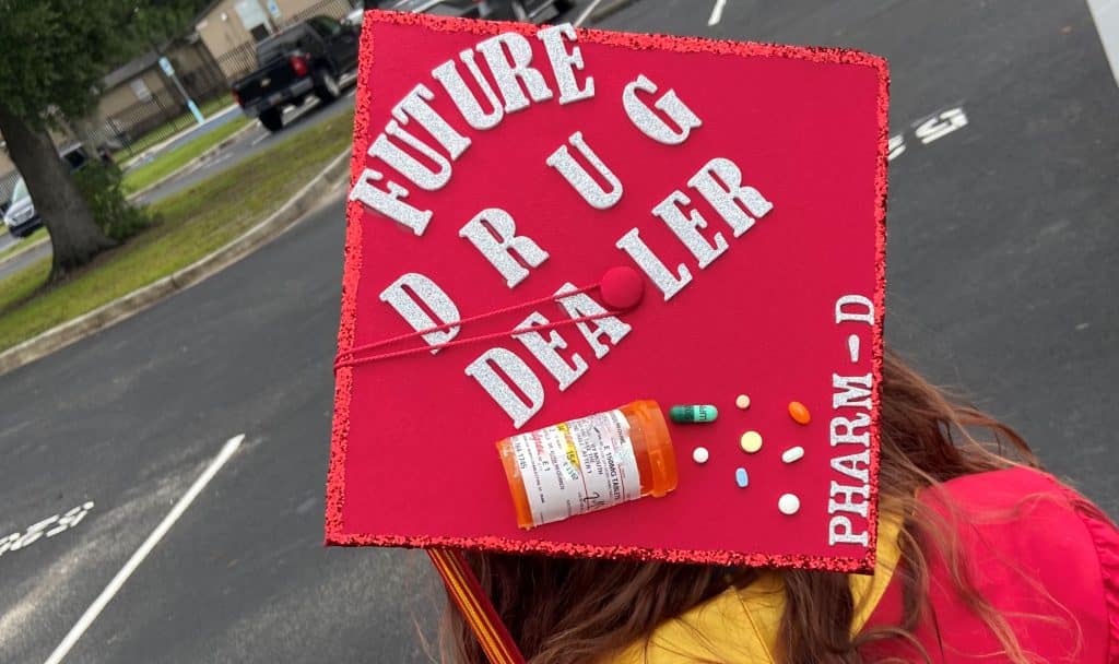 red pharmaD grad cap