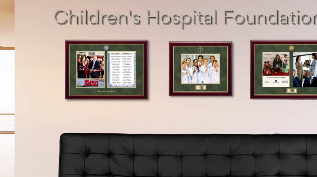 Framed donor certificates on hospital wall