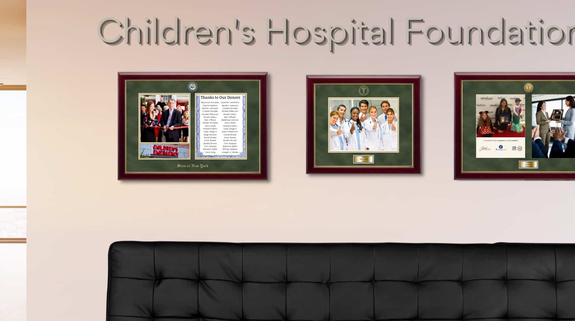 Framed donor certificates on hospital wall