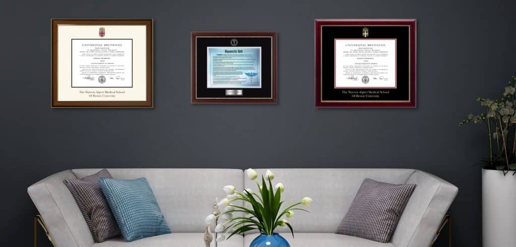 framed brown medical school degrees above couch
