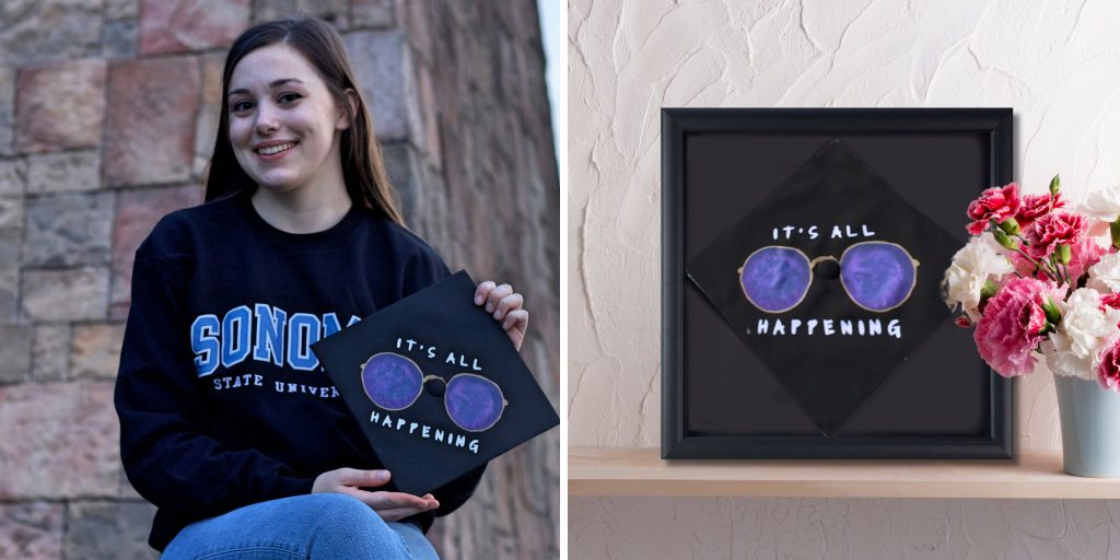 smiling female grad holding grad cap with eye glasses and decorated cap in custom shadow box frame