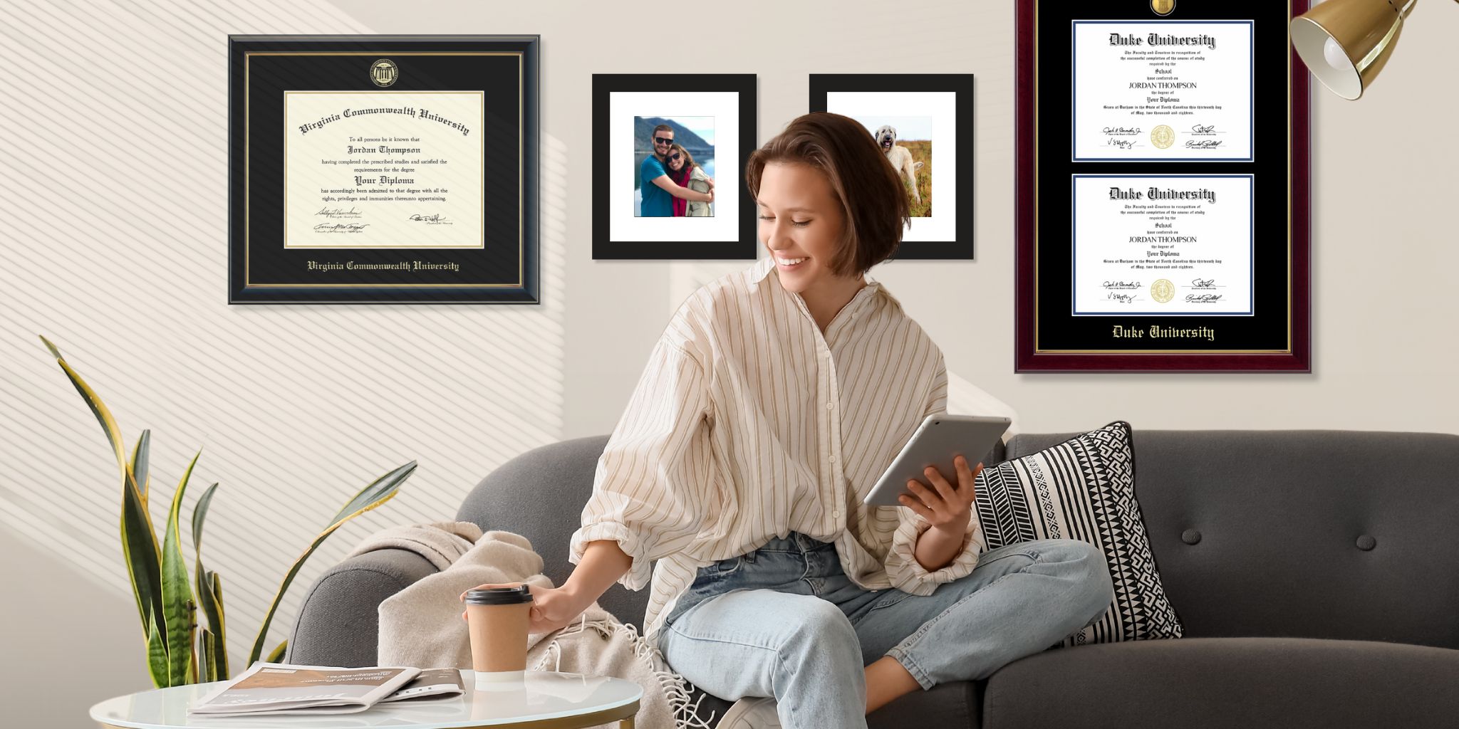 woman on couch with VCU diplom frame and Duke University degree frames behind him
