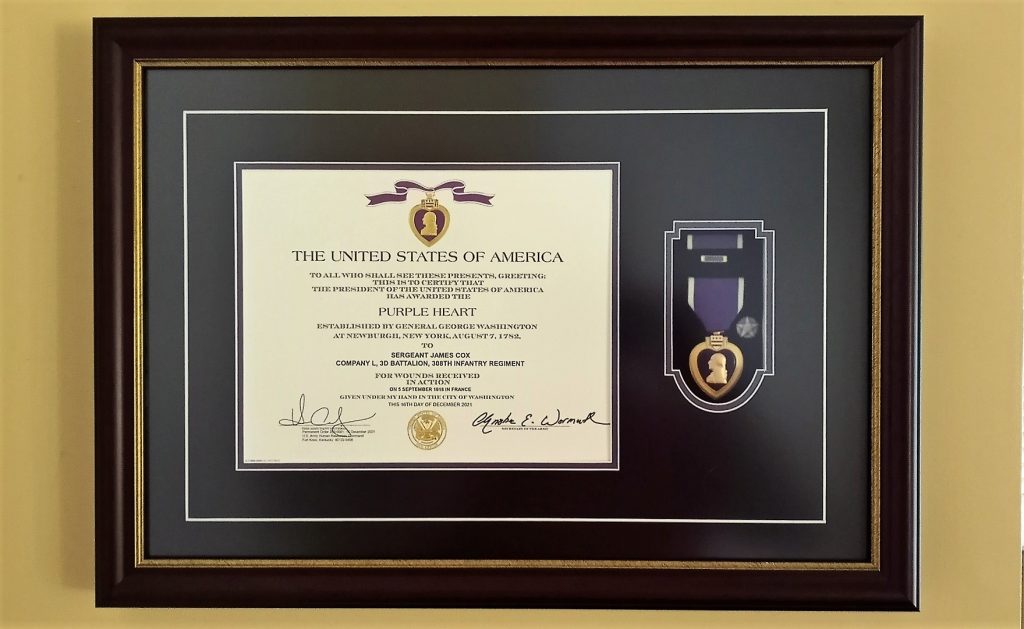 Purple Heart Medal frame hanging on a gold wall