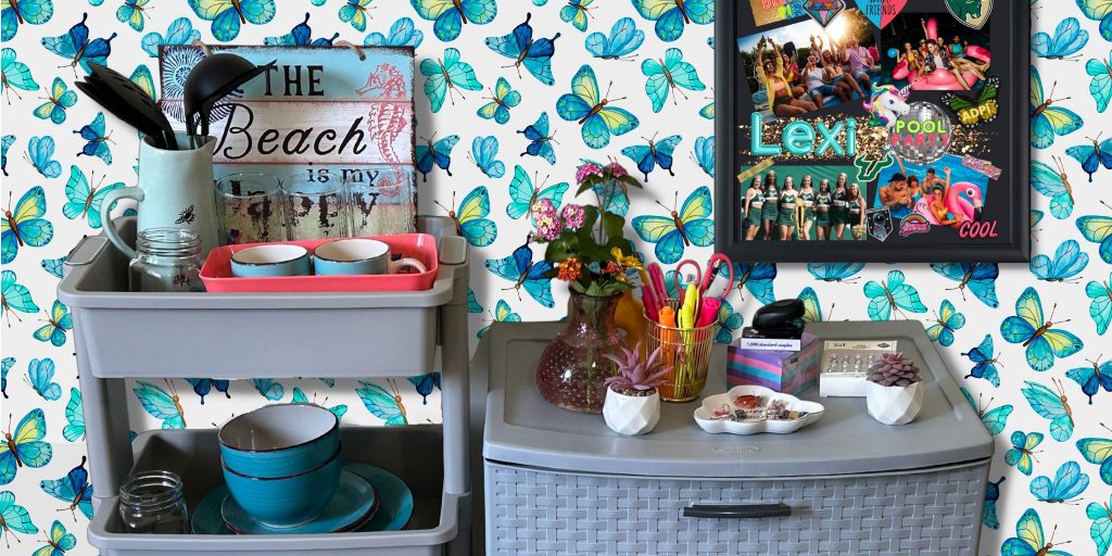 shelves with glasses and trinkets in dorm room