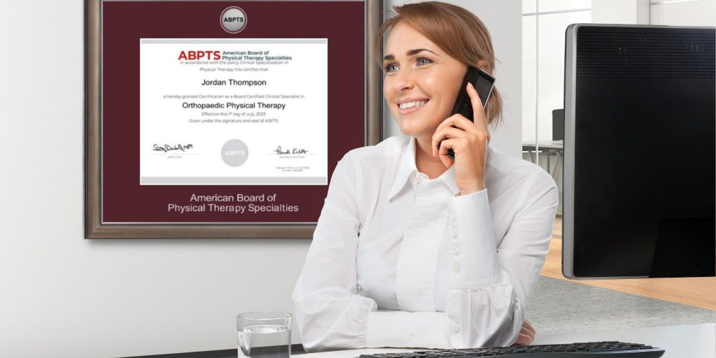 woman in office on phone with ABPTS license frame