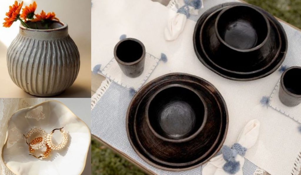 ceramic pottery and woven placements for kitchen