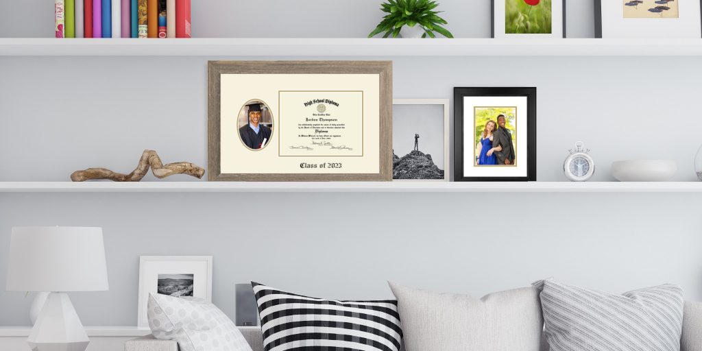high school diploma frame and custom photo frame on shelves behind couch