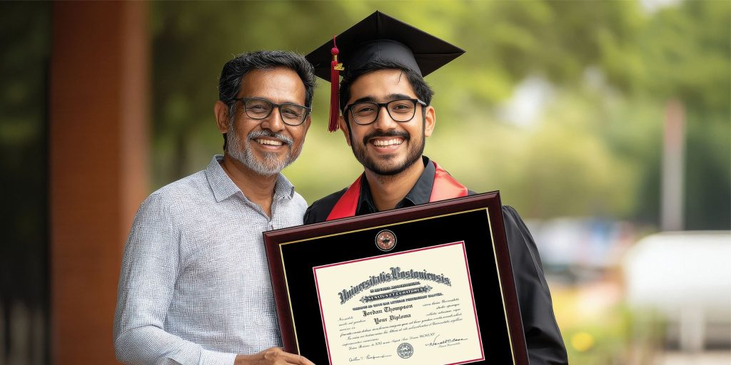 father smiling with his son wearing graduation regalia and holding a custom diploma frame gift