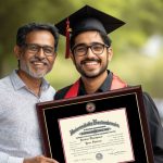 father smiling with his son wearing graduation regalia and holding a custom diploma frame gift