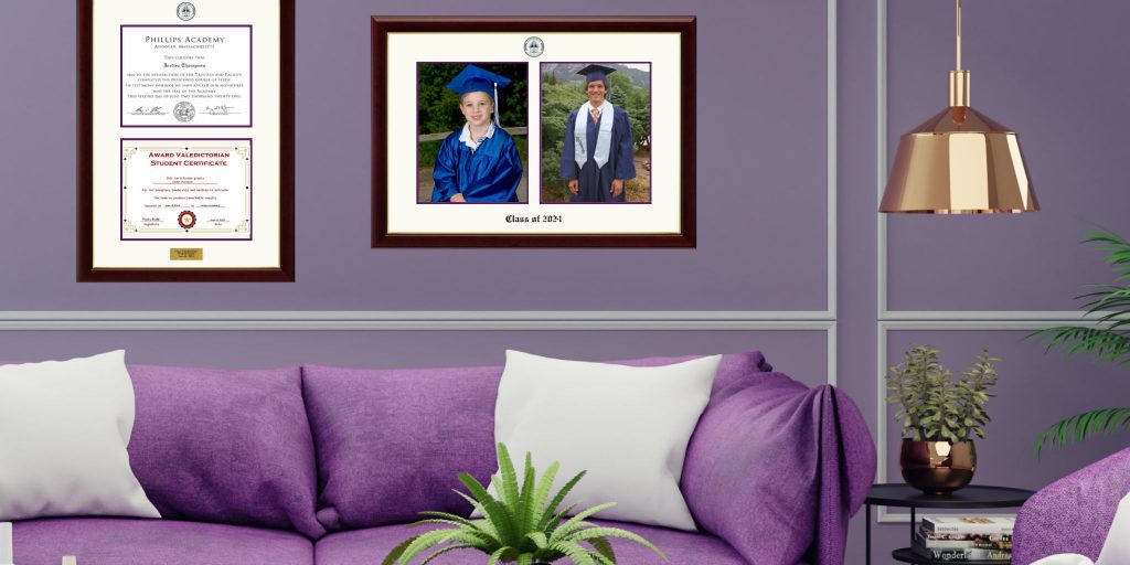 double degree high school diploma frames on purple wall