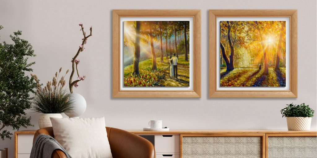 two custom frames featuring float mounted artwork hanging in living room