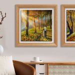 two custom frames featuring float mounted artwork hanging in living room