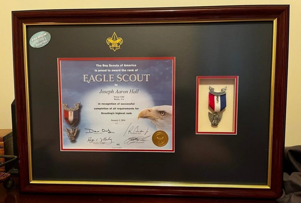 Closeup of Eagle Scout certificate and medal frame