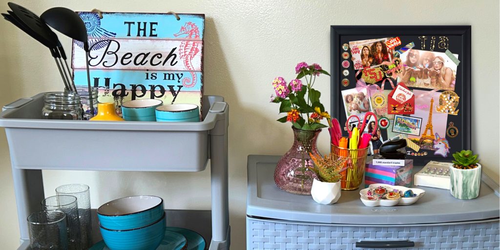 Shelves with vases, custom shadow boxes, supplies, and art in a dorm room
