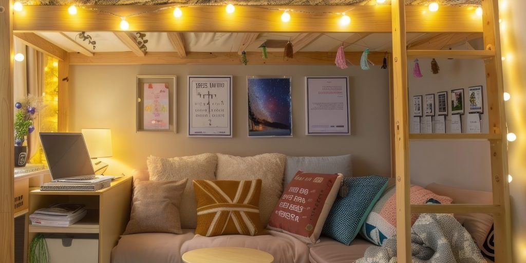 college dorm room bed wtih string lights, pillows, and framed posters on the wall
