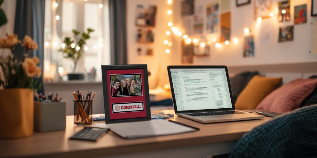 custom cornell photo frame sitting on dorm room desk with fairy lights in the background