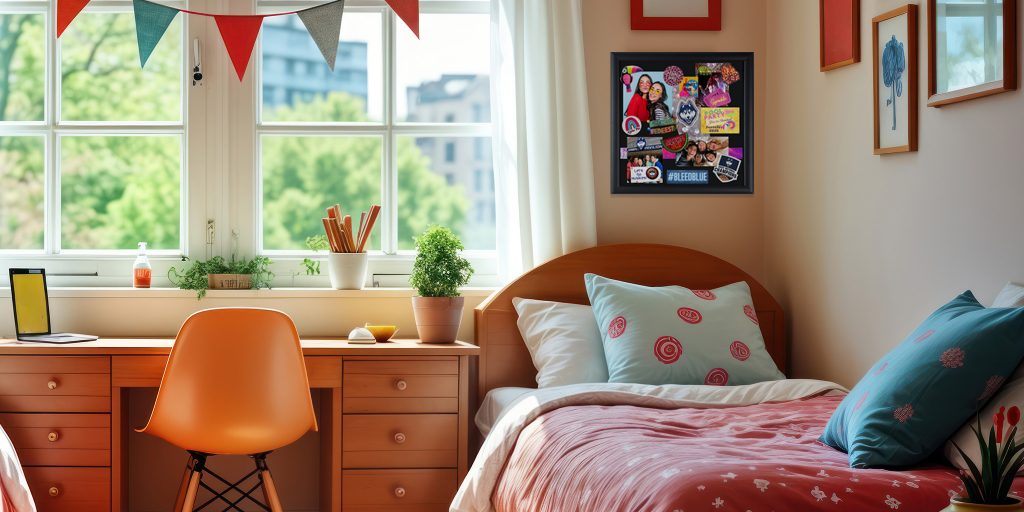 cozy dorm room with custom shadow box hung above bed