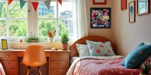 cozy dorm room with custom shadow box hung above bed