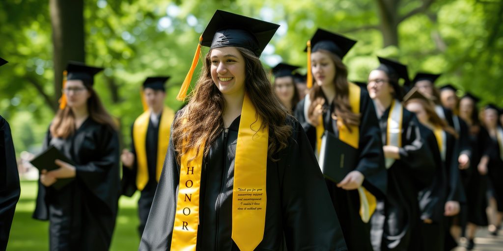 smiling graduate walking with other graduates in black cap and gowns wearing gold stoles