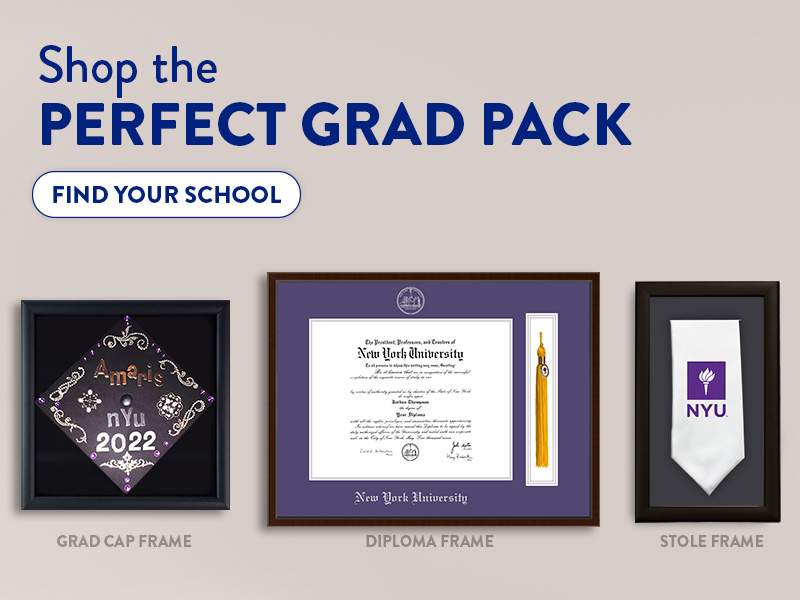 NYU shadow boxes and NYU tassel diploma frame on wall - Shop the perfect grad pack mobile blog ad