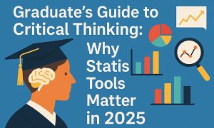 blue graphic of graduate next to bars and charts with the title "Graduate's Guide to Critical Thinking: Why Statistical Tools Matter in 2025"