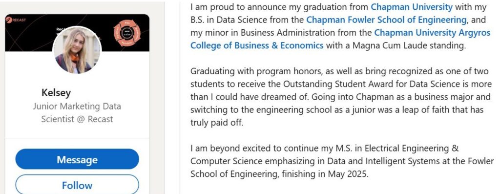 A LinkedIn Post announcing a recent graduation from Chapman University.