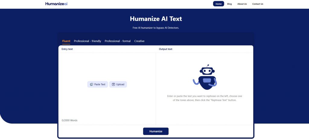 Screenshot of humanizeai-text.com home page