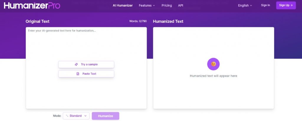 Screenshot of the Humanizerpro.ai interface.