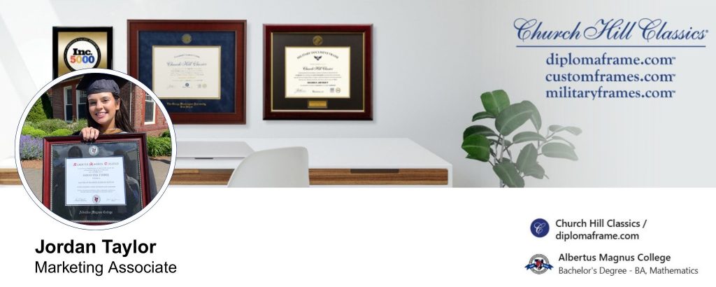 LinkedIn profile picture for Jordan Taylor featuring woman holding Albertus Magnus diploma frame.
