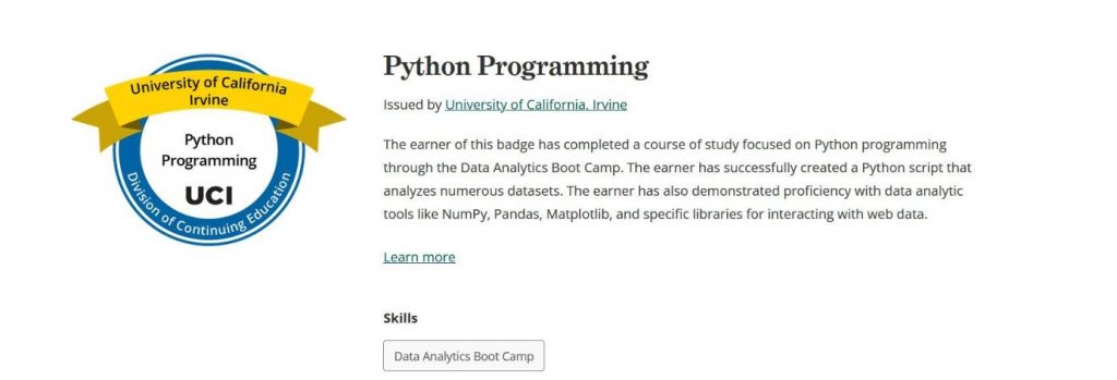 Closeup of certification badge for Python Programming